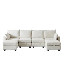 Modular Chenille Sofa, Corner Sofas For The Living Room, U-Shaped Corner Sofa With Storage Ottoman, 6-Seater Corner Sofas With Chaise Longue - 米色 - 查看 6