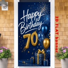 2D Flat Flags, 70th Birthday Theme Banner Background, Navy Blue Background With Gold And Blue Balloons, Fireworks, And Gift Boxes Elements. Made Of Polyester Material, Easy To Hang And Simple To Operate. - 1 - View 2