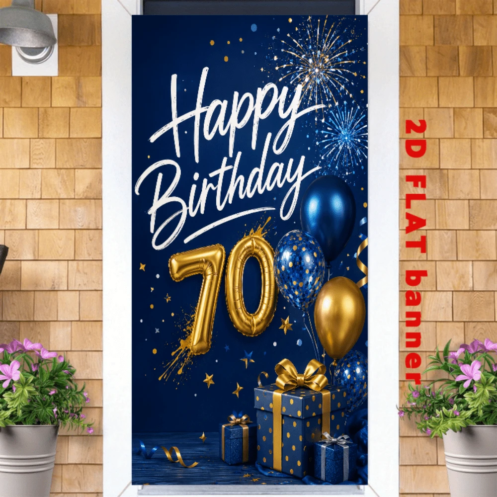 2D Flat Flags, 70th Birthday Theme Banner Background, Navy Blue Background With Gold And Blue Balloons, Fireworks, And Gift Boxes Elements. Made Of Polyester Material, Easy To Hang And Simple To Operate.