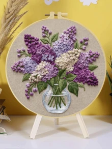 1pc Complete Embroidery Kit 20x20cm/7.9in 8 Patterns: Lilac, Daisy & Cornflower, Pansy, Balcony Succulents & Plant Stand Floral & Green Theme Suitable For Adult Beginners Includes Fabric, Instructions, Embroidery Hoop, Needle & Thread Perfect Gift Home/Office Art - A - View 5