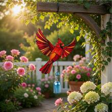 2D Flat Single Piece Red Bird Acrylic Wind Chime Lantern 6.69 X 13.39 Inches | Red Bird With Wings, Chain And Bell | Acrylic Outdoor Garden Yard Window Decor - Multicolor - View 6