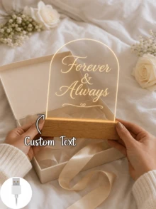 1件個性化拱形壓克力LED小夜燈，可客製文字，Forever & Always Love 牌飾搭配溫潤木質底座，浪漫情侶紀念燈，週年紀念、婚禮、情人節禮物，USB供電，臥室床頭櫃家居裝飾 - 多色(款式3) - 查看 2