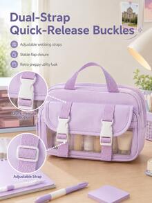 Double Button Layered Pencil Case/Storage Bag, Beige Plaid Toast Shaped Handbag, Fashionable Multi-Functional Stationery Storage Bag, Back To School Essential For Students - Multicolor - View 4