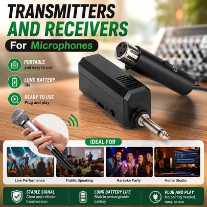 LMBGM 無線 XLR 麥克風發射器接收器 無線麥克風系統，USB 可充電麥克風系統，可搭配有線動圈麥克風使用，適用於卡拉OK、戶外活動
