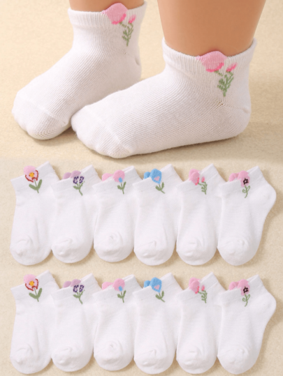Primavera/Verano 24/12/6/1 par de calcetines blancos para niños/niñas, versátiles, lindos, con patrón floral colorido, suaves, cómodos, cálidos, de moda, personalizados, calcetines cortos deportivos, adecuados para uso diario/regalos de vacaciones/temporada de regreso a la escuela, color/estilo aleatorio, múltiples combinaciones disponibles