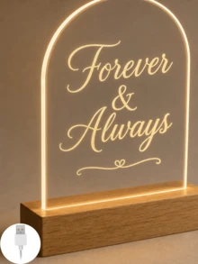 1件個性化拱形壓克力LED小夜燈，可客製文字，Forever & Always Love 牌飾搭配溫潤木質底座，浪漫情侶紀念燈，週年紀念、婚禮、情人節禮物，USB供電，臥室床頭櫃家居裝飾 - 多色(款式3) - 查看 7