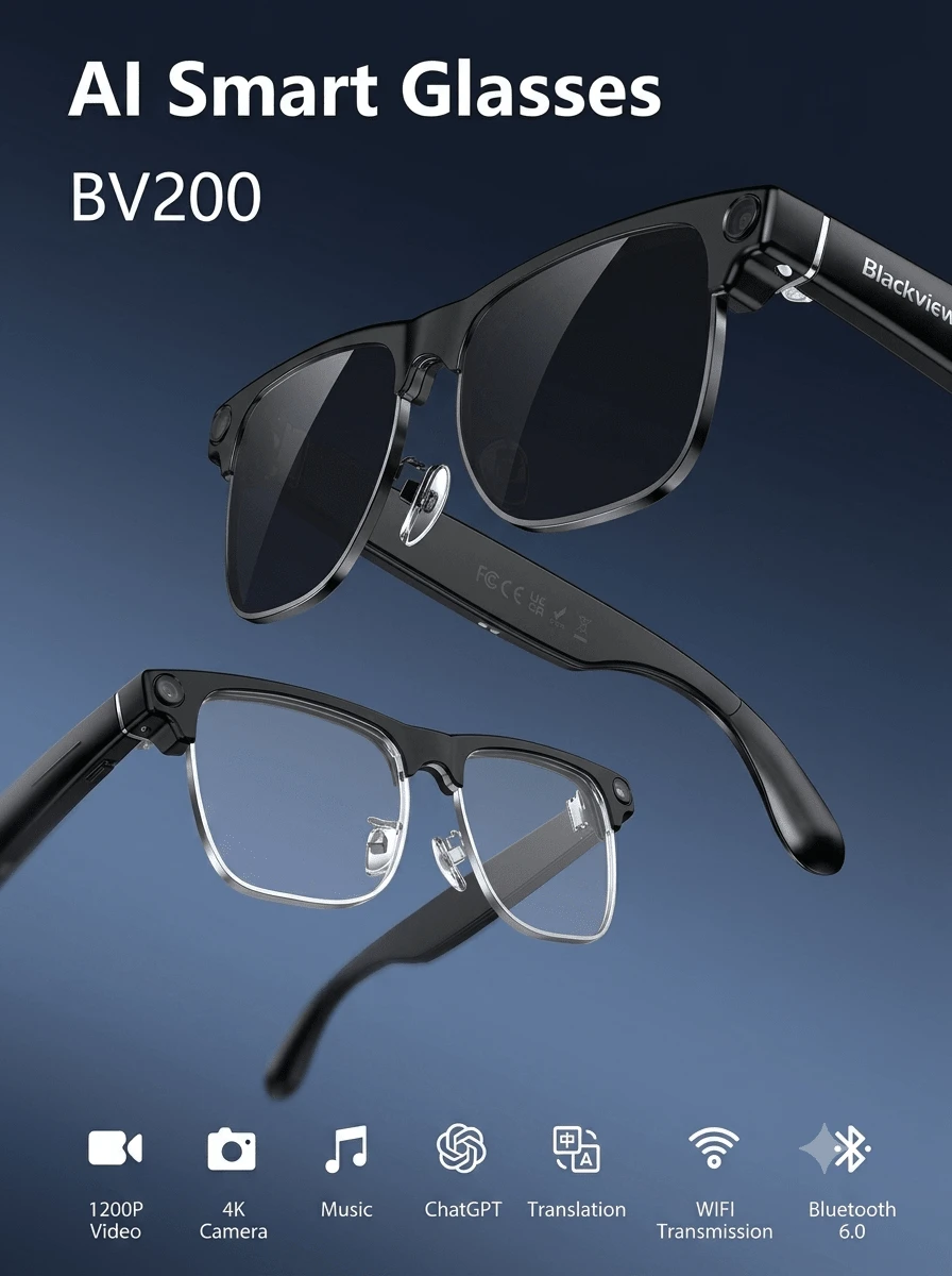 BLACKVIEW BV200 AI 智慧眼鏡，配備 8MP 相機、1200P 影片與 HD 照片、藍牙音訊、AI 語音助手、即時翻譯、物體識別、降噪通話、音樂 - 查看 1