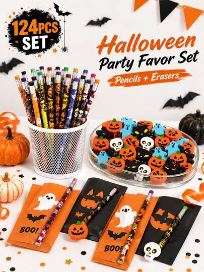 Set Hadiah Halloween Oranye & Hitam 124 Buah, Motif , Hantu, Kelelawar, Tengkorak, Kucing Hitam, Berbagai Hadiah Unik, Cocok untuk Souvenir Pesta Halloween, Hadiah Kelas, Hadiah Guru, Karnaval, Dekorasi Meja Kantor, Barang-barang Menyeramkan & Lucu, Cocok untuk Usia 18+