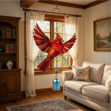 2D Flat Single Piece Red Bird Acrylic Wind Chime Lantern 6.69 X 13.39 Inches | Red Bird With Wings, Chain And Bell | Acrylic Outdoor Garden Yard Window Decor - Multicolor - View 4
