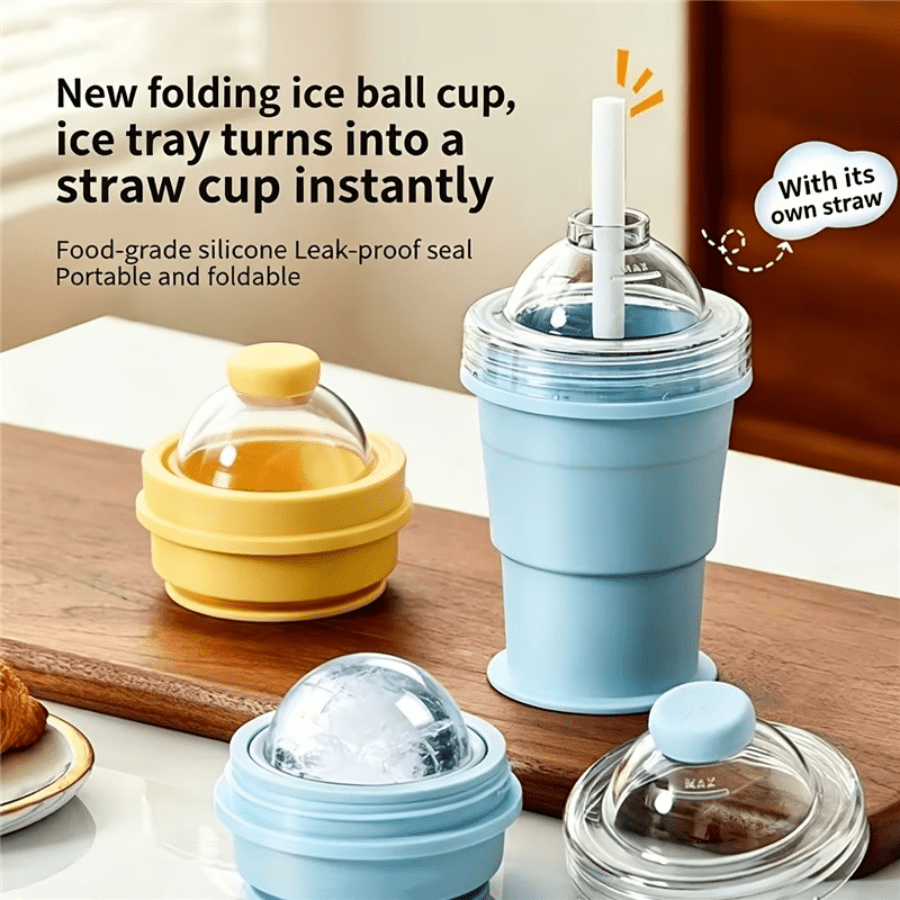 SOKANY Collapsible Ice Ball Mold Cup, 2-In-1 Silicone Ice Cube Tray Mold. Comes With Straw, Easy Release Silicone Leak-Proof, Foldable And Portable, Summer Cold Drink Ice Cup, Essential For Summer Office/Home/Camping