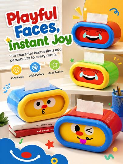 1pc Cute Cartoon Expression Plastic Tissue Box Cover, Funny Quirky Color-Block Face Napkin Storage Box, Lightweight Decorative Tissue Organizer, Suitable For Bedroom Desk, Bathroom, Car, Home Tabletop Daily Tissue Organization, Holiday Gift, Party Use, All Seasons