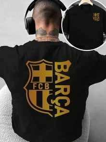 Men's Logo & Slogan T-Shirt - Officially Licensed Barcelona Football Club Jersey, Iconic Camp Nou Emblem & Mascot Print - 黑色 - 查看 11