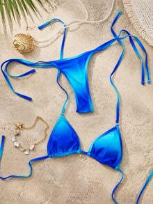 Bikini de verano nuevo con degradado azul, copa triangular con cuello halter, traje de baño de dos piezas sexy con cordones para vacaciones en la playa y fiesta en la playa - Multicolor - Ver 2
