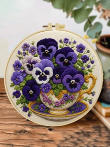 1pc Complete Embroidery Kit 20x20cm/7.9in 8 Patterns: Lilac, Daisy & Cornflower, Pansy, Balcony Succulents & Plant Stand Floral & Green Theme Suitable For Adult Beginners Includes Fabric, Instructions, Embroidery Hoop, Needle & Thread Perfect Gift Home/Office Art - A - View 16