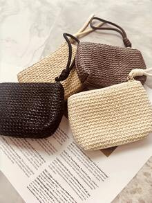 1Pc Summer Straw Woven Coin Purse, Zipper Pouch For Coins Keys Lipstick Earphones, Wrist Portable For Beach Vacation Daily Use, Japanese‑Style Raffia Mini Bag, Ideal Fashion Gift - View 2
