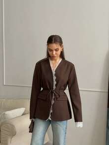 Women's Brown Lace Trim Blazer With Belt, Slim Fit Long Sleeve, Suitable For Autumn/Winter Casual Wear - Brown - View 3