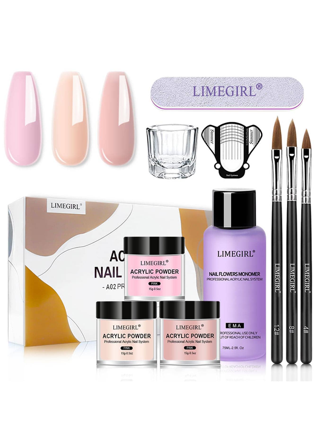 LIMEGIRL 專業級壓克力美甲套組,3件壓克力粉與EMA單體液體組,含3支壓克力美甲刷、美甲模具、浸漬碟與美甲锉,沙龍級美甲延長套組,適合DIY與專業人士使用 - 彩色 - 查看 1