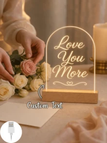 1件客製化拱形壓克力LED燈，附個性化文字「Love You More」透明愛心飾板與溫潤木質底座，浪漫床頭小夜燈，情侶週年、婚禮、情人節禮物，附禮盒，臥室書桌裝飾 - 多色(款式5) - 查看 3