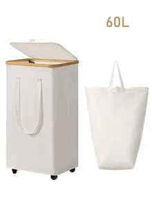 60L/65L/100L/110L 带盖带轮竹制洗衣篮 - 包含可拆卸洗衣袋、带手柄的可折叠脏衣篮、超大容量脏衣篮、可折叠布艺洗衣篮、家用洗衣收纳桶 - 彩色 - 查看 13