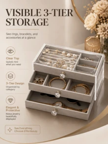 Aesthetic Jewelry Boxes And Storage Boxes With 3-Tier Velvet Drawers For Visible Organization Heavy-Duty Jewelry Box For Minimalist Lovers Space-Savin - Multicolor - View 4