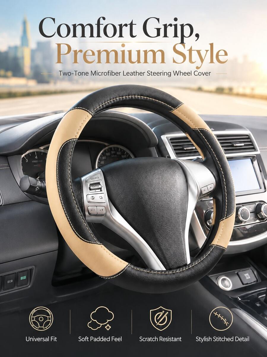 Leather Steering Wheel Cover - Anti-Slip PU Leather With Breathable Microfiber, Universal Fit For 37-38cm Wheels, Premium Stitching, Durable & Comfortable, Multi-Color Options For All Cars, Car Accessories