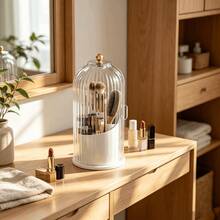 Viral Vertical Striped Glass Texture Rotating Storage Bucket With Lid, Dust-Proof & Moisture-Proof Makeup Brush Organizer, Makeup Lover's Vanity Organizer For Clutter Sorting - Multicolor - View 8