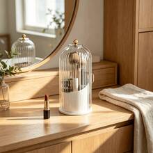 Viral Vertical Striped Glass Texture Rotating Storage Bucket With Lid, Dust-Proof & Moisture-Proof Makeup Brush Organizer, Makeup Lover's Vanity Organizer For Clutter Sorting - Multicolor - View 7