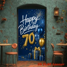 2D Flat Flags, 70th Birthday Theme Banner Background, Navy Blue Background With Gold And Blue Balloons, Fireworks, And Gift Boxes Elements. Made Of Polyester Material, Easy To Hang And Simple To Operate. - 1 - View 4