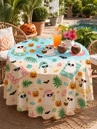 1 cái khăn trải bàn lễ hội bằng polyester tái sử dụng, màu sắc nhẹ nhàng, họa tiết dễ thương mộng mơ cho mùa hè và Giáng sinh, Halloween, đại dương và bãi biển, kính thời trang độc đáo và bí ngô, trang trí lá cọ nhiệt đới cho trong nhà và ngoài trời