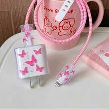 Pink TPU Small Heart Print/Bow/Flower Graphic/Purple Heart Cat Charger Cable Protector, Compatible With Apple 18/20W Charger, Perfect Gift For Friends - Hot Pink - View 4