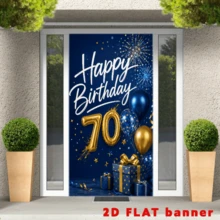 2D Flat Flags, 70th Birthday Theme Banner Background, Navy Blue Background With Gold And Blue Balloons, Fireworks, And Gift Boxes Elements. Made Of Polyester Material, Easy To Hang And Simple To Operate. - 1 - View 3