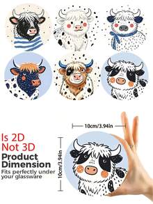 1/6pcs Cute Highland Cow Print Wooden Coasters, Cartoon Spot Style Yak Art Drink Coaster Set, Heat Insulation Cup Mats For Coffee Table, Home Decor, Kitchen Bar, Party Table Protection, Non-Slip Beverage Coasters As Cow Lover Housewarming Gift - Multicolor - View 3