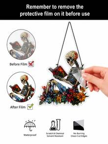 1pc Skull Solar Powered Window Hanging Decor, Floral Skull Reading Book Acrylic Pendant, Gothic Halloween Wall Decoration, Colorful Bohemian Witch Style Window Ornament, Spooky Home Room Porch Door Decor, Horror Fan Seasonal Gift, Garden Style Art Decoration - Style 1 - View 5