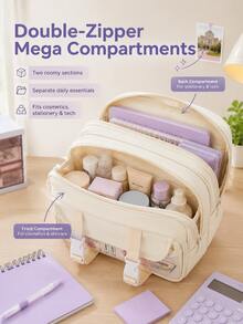 Double Button Layered Pencil Case/Storage Bag, Beige Plaid Toast Shaped Handbag, Fashionable Multi-Functional Stationery Storage Bag, Back To School Essential For Students - Multicolor - View 2