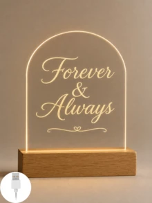 1件個性化拱形壓克力LED小夜燈，可客製文字，Forever & Always Love 牌飾搭配溫潤木質底座，浪漫情侶紀念燈，週年紀念、婚禮、情人節禮物，USB供電，臥室床頭櫃家居裝飾 - 多色(款式3) - 查看 6