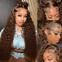 Uveous 34 Inch Chocolate Brown Deep Wave Lace Front Wigs Human Hair 200 Density 13x4 HD Lace Frontal Wig Curly Human Hair Pre Plucked Wig For Women Brown Glueless With Natural Hairline - S4 - 查看 4