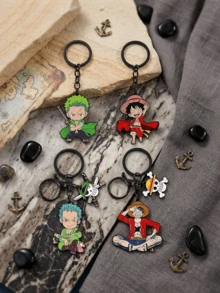 1/2pcs One Piece Luffy & Zoro Chibi Keychain, Anime Enamel Metal Key Ring With Skull Pendant, Cute Collectible Charm, Fan Backpack Bag Accessory - Multicolor - View 1