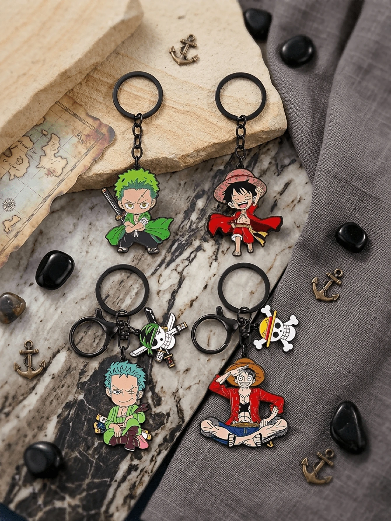 1/2pcs One Piece Luffy & Zoro Chibi Keychain, Anime Enamel Metal Key Ring With Skull Pendant, Cute Collectible Charm, Fan Backpack Bag Accessory - Multicolor - View 1