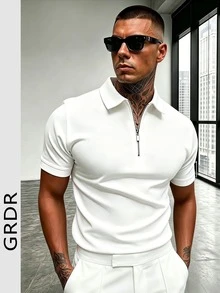 GRDR Herren Sommer Polokragen Halb-Reißverschluss Kurzarm T-Shirt, geeignet für Outdoor, Urlaub und Lässig Bekleidung - Weiss - Übersicht 4