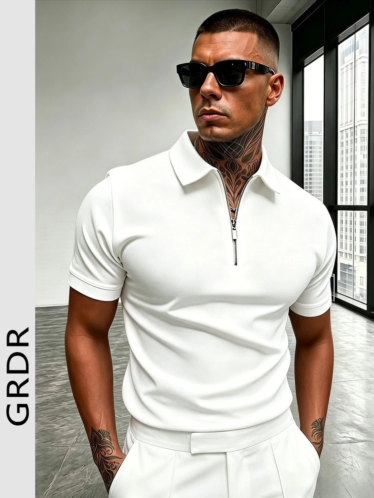 BIBIY. SUMMER POLO 白 GRDR Men's Summer Polo Collar Half Zip Short Sleeve T-Shirt