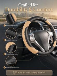 Leather Steering Wheel Cover - Anti-Slip PU Leather With Breathable Microfiber, Universal Fit For 37-38cm Wheels, Premium Stitching, Durable & Comfortable, Multi-Color Options For All Cars, Car Accessories - Leather Patchwork - View 7