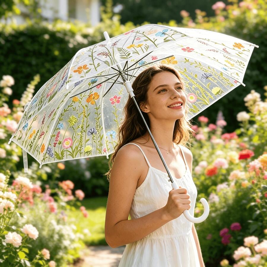Doppelseitiger transparenter Blumenschirm, transparenter Regenschirm, 3-fach faltbares Design, dekoriert mit Frühlings-/Sommermustern, manuelle oder automatische Bedienung, 190T wasserdichter Stoff, 8 Eisenstreben, windbeständig, faltbares Dach zum einfachen Tragen, transparent wasserdicht, lässiger minimalistischer Stil, ideal für Frühling/Sommer, Brautjungferngeschenk, Fotografie, Zimmer-/Schlafzimmerdekoration, Strand, Reisen/Urlaub, schönes Accessoire