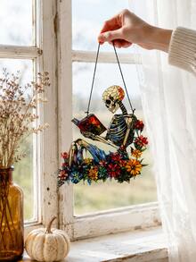 1pc Skull Solar Powered Window Hanging Decor, Floral Skull Reading Book Acrylic Pendant, Gothic Halloween Wall Decoration, Colorful Bohemian Witch Style Window Ornament, Spooky Home Room Porch Door Decor, Horror Fan Seasonal Gift, Garden Style Art Decoration - Style 1 - View 10