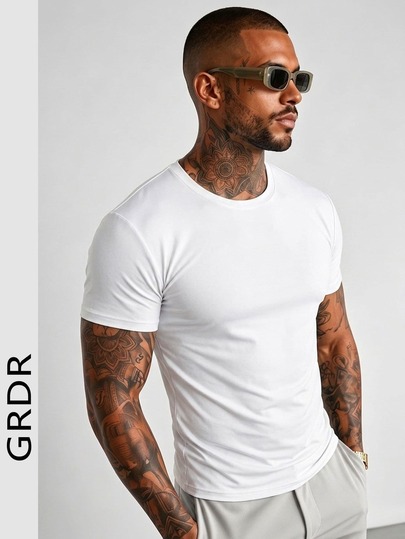  GRDR Men's Summer Solid Color Round Neck Short Sleeve, Fashion Classic Solid Color Short Sleeve, Suitable For Casual Versatile Style