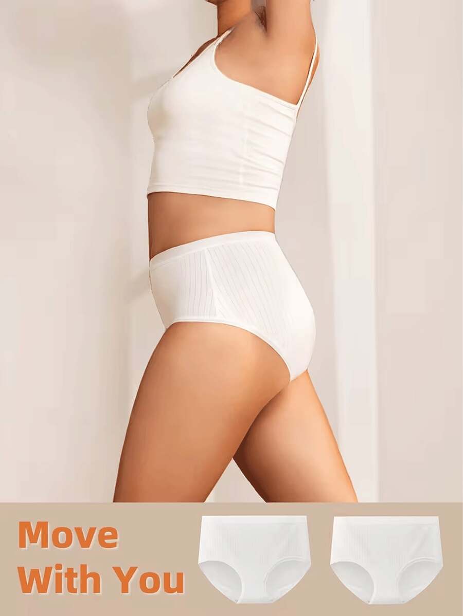2 peças/Pacote Calcinhas de Algodão Cru Branco Sem Tingimento, Cintura Alta Canelada, Cavalo Estendido, Sem Ficar Presa, Antiderrapante, Respirável & Alta Elasticidade, Adequado para Maternidade, Fitness & Esportes, Calcinhas Descartáveis Tamanho Único (90-120 Lbs) - 2 - Visão 1