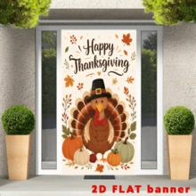 Bannière de fond 2D thème Thanksgiving avec drapeau, présentant des éléments décoratifs de dinde, citrouille et feuille d'érable d'automne. Fabriquée en matériau polyester, elle est facile à utiliser sans alimentation électrique. - 1 - Voir 3