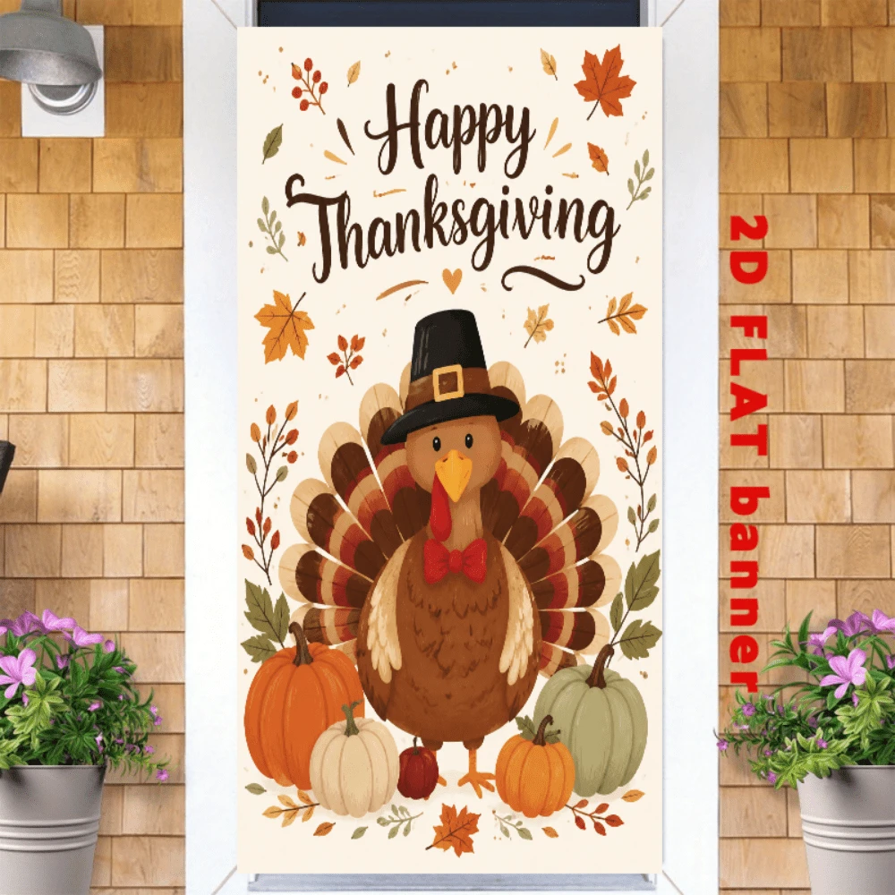 Bannière de fond 2D thème Thanksgiving avec drapeau, présentant des éléments décoratifs de dinde, citrouille et feuille d'érable d'automne. Fabriquée en matériau polyester, elle est facile à utiliser sans alimentation électrique.