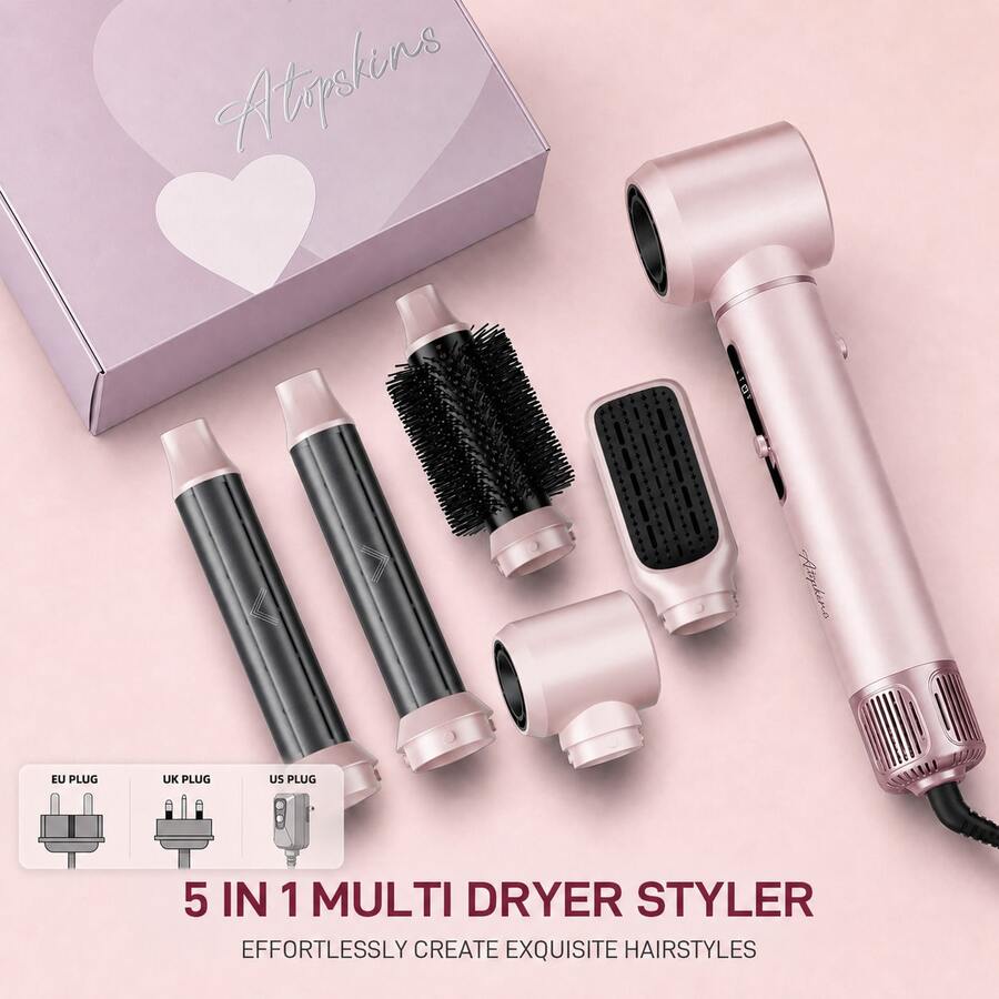 ATOPSKINS Set Sikat Rambut Multifungsi 5-in-1 Musim Panas 2026 Terbaru, Pengering Rambut & Sikat Pelurus & Pengeriting Otomatis & Sikat Panas, Layar LED Tampilan Suhu, Kontrol Suhu Presisi 3 Tingkat, Sempurna Untuk Hadiah, Hari Ibu, Perlengkapan Perjalanan, Cocok Untuk Berbagai Jenis Rambut, Satu Set Berbagai Pilihan Gaya Rambut
