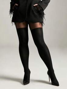 1 Pair Women's Pure Black Patchwork Faux Thigh-High Tights, Versatile All-In-One Pantyhose For Daily Wear - Multicolor - View 4