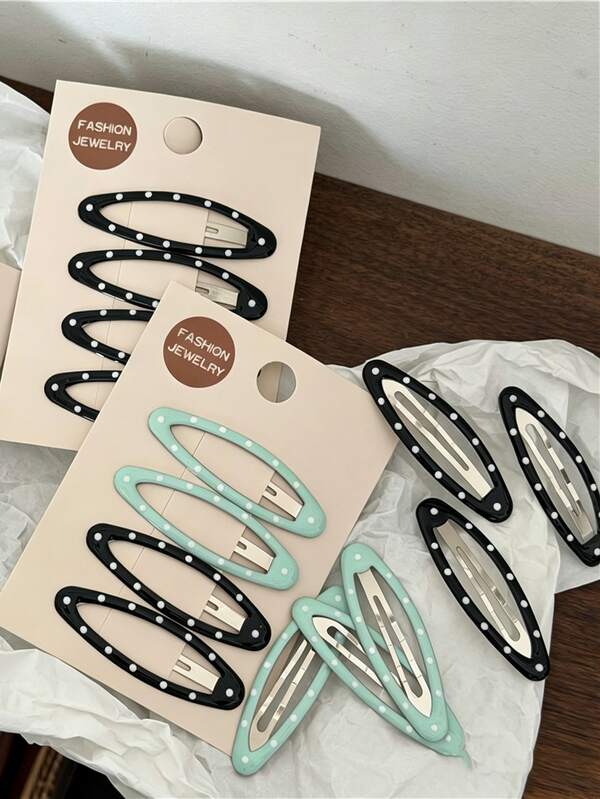 Vintage Polka Dot Hair Clips Set, 8Pcs Hollow Out Non-Slip Hair Barrettes, Elegant Black & Green Hair Accessories For Women & Girls